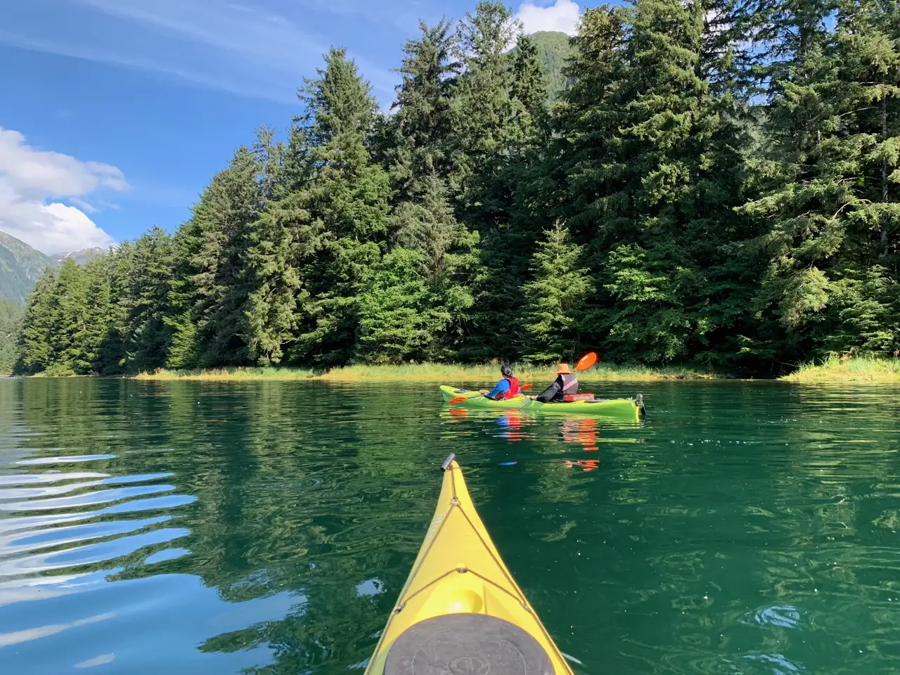 Tandem kayak group under bright blue sky on bright green water